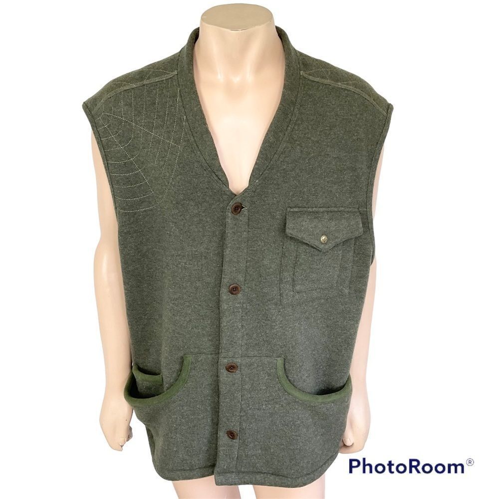 J L Powell The Spirting Life green wool blend sweater utility buttoned vest XXL